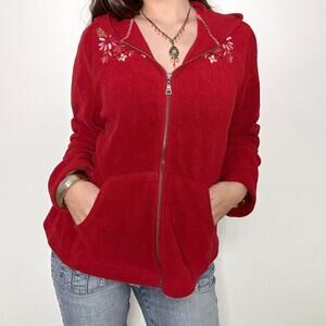 The cutest red fleece y2k floral embroidered zip up